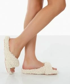 Public Desire UK Slumber Beige Teddy Cross Over Strap Slippers