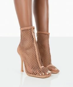 Public Desire UK 5" HEELS Leo Nude Mesh Netted Square Toe Stiletto Heeled Boots