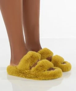 Public Desire UK Bunny Mustard Double Strap Fluffy Slippers