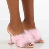 Public Desire UK Glam Pink Embellished Heart Feather Mule Heels