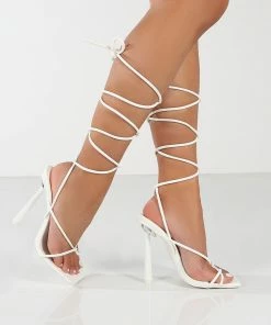 Public Desire UK Lacey White Square Toe Strappy Lace Up Stiletto Heels NEW IN