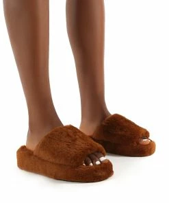 Public Desire UK Snoozie Tan Faux Fur Chunky Platform Sole Sliders Gifts