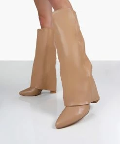 Public Desire UK Zendaya Nude Pointed Toe Knee High Boots NEW IN