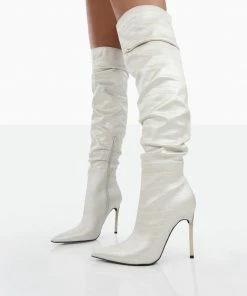 Public Desire UK LONG BOOTS Energy Ecru Croc PU Pointed Toe Over The Knee Heeled Boots