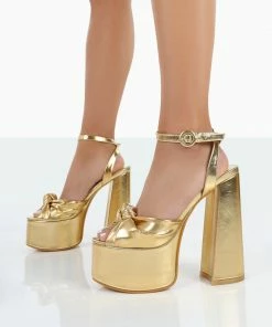 Public Desire UK Knot On Gold Pu Knotted Platform High Heeled Sandals