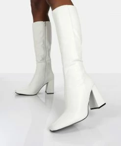 Public Desire UK NEW IN Apology White Pu Knee High Block Heel Boots