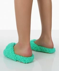 Public Desire UK Slumber Green Teddy Cross Over Strap Slippers