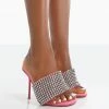 Public Desire UK High Shine Pink PU Diamante Strappy Heeled Mules Heels