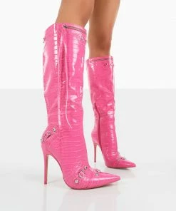 Public Desire UK Cardi Pink Croc Pointed Toe Zip Detail Knee High Boots