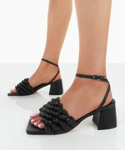 Public Desire UK Got This Black Pu Woven Square Toe Block Mid Heeled Mule Sandals