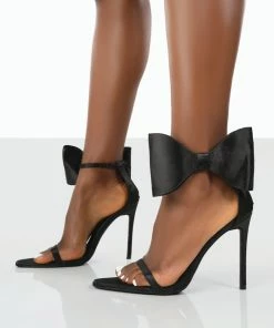 Public Desire UK Zeal Black Satin Strappy Bow Ankle Detail Stiletto Heels