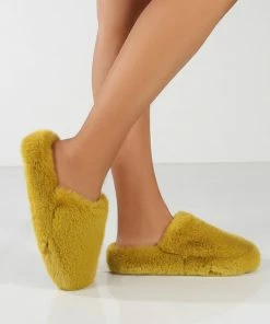Public Desire UK Baloo Mustard Faux Fur Fluffy Slipper