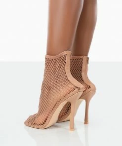 Public Desire UK 5" HEELS Leo Nude Mesh Netted Square Toe Stiletto Heeled Boots
