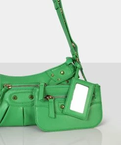 Public Desire UK Trackstar Green PU Studded Mirror Zip Detail Handbag