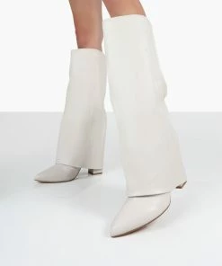 Public Desire UK Zendaya Ecru Pointed Toe Knee High Boots NEW IN