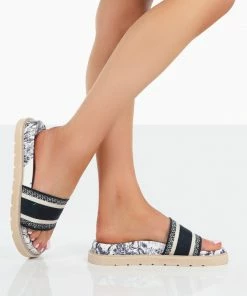 Public Desire UK NEW IN Toile Navy Embroidered Print Slide Sandals