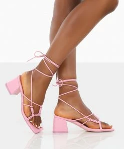 Public Desire UK NEW IN Fanatic Baby Pink PU Square Toe Lace Up Block Mid Heeled Sandals