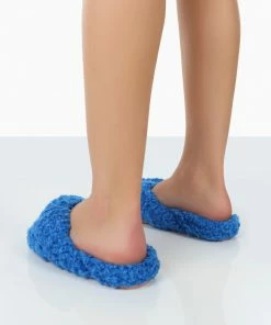 Public Desire UK Slumber Blue Teddy Cross Over Strap Slippers