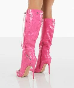 Public Desire UK Cardi Pink Croc Pointed Toe Zip Detail Knee High Boots