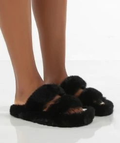 Public Desire UK Bunny Black Double Strap Fluffy Slippers FLATS