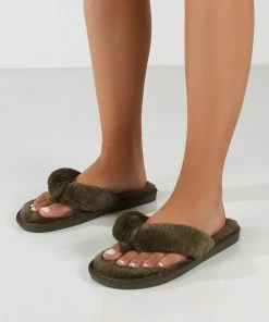 Public Desire UK Cuddle Khaki Green Thong Strap Faux Fur Slippers
