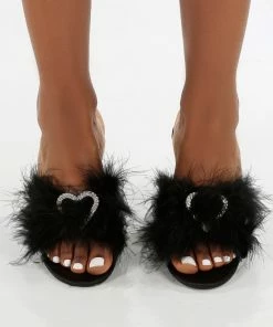 Public Desire UK Glam Black Embellished Heart Feather Mule Heels 6 Public Desire UK Glam Black Embellished Heart Feather Mule Heels