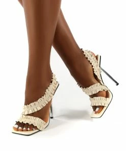 Public Desire UK Scrunchie Stone Ruffle Strap Square Toe Stiletto Heels