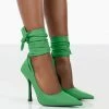 Public Desire UK Thames Green PU Lace Up Ribbon Pointed Toe Court Heels