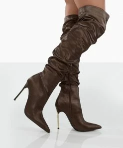 Public Desire UK NEW IN Energy Choc Croc PU Pointed Toe Over The Knee Heeled Boots