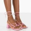 Public Desire UK NEW IN Fanatic Baby Pink PU Square Toe Lace Up Block Mid Heeled Sandals