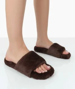 Public Desire UK Namaste Chocolate Fluffy Faux Fur Slippers