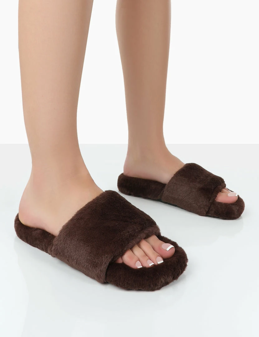 Public Desire UK Namaste Chocolate Fluffy Faux Fur Slippers 1 Public Desire UK Namaste Chocolate Fluffy Faux Fur Slippers