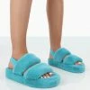 Public Desire UK Bed Time Blue Faux Fur Fluffy Strappy Slingback Slippers