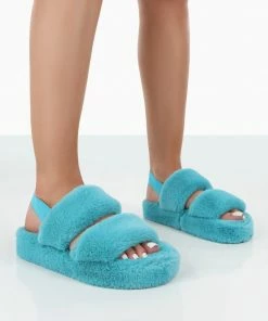 Public Desire UK Bed Time Blue Faux Fur Fluffy Strappy Slingback Slippers