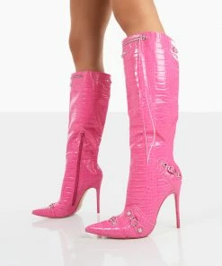 Public Desire UK Cardi Pink Croc Pointed Toe Zip Detail Knee High Boots