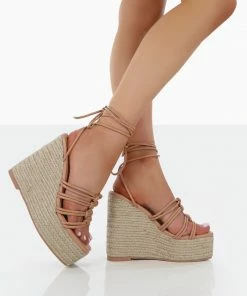 Public Desire UK Chakkra Nude PU High Heeled Sandal Espadrilles Wedges