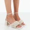 Public Desire UK Heels Got This Natural Linen Woven Square Toe Block Mid Heeled Mule Sandals