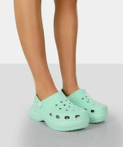Public Desire UK FLATS Vista Mint Green Rubber Platform Clog Sandals