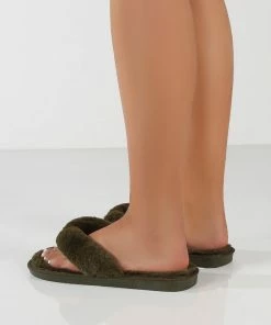 Public Desire UK Cuddle Khaki Green Thong Strap Faux Fur Slippers