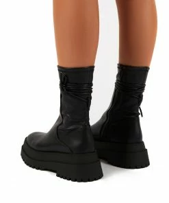 Public Desire UK Finale Black Chunky Sole Ankle Wrap Boots Flat Boots