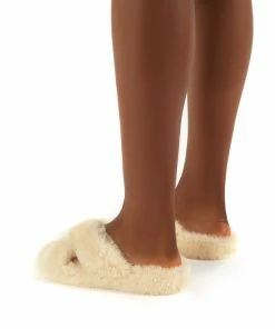 Public Desire UK Snuggles Cream Fluffy Faux Fur Slippers Gifts