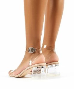 Public Desire UK Afternoon Nude Patent Perspex Block Mid Heeled Sandals NEW IN