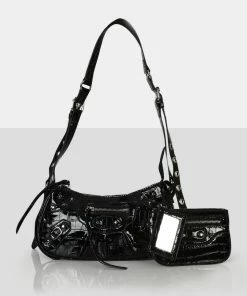 Public Desire UK Trackstar Black PU Studded Mirror Zip Detail Handbag