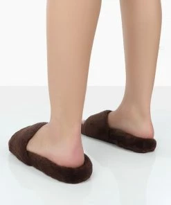 Public Desire UK Namaste Chocolate Fluffy Faux Fur Slippers