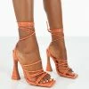 Public Desire UK Corrbin Orange Croc Patent Pu Strappy Lace Up Flared Heels Back In Stock