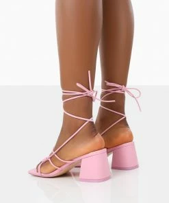 Public Desire UK NEW IN Fanatic Baby Pink PU Square Toe Lace Up Block Mid Heeled Sandals