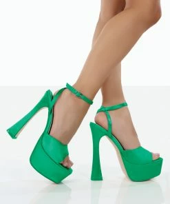 Public Desire UK Truce Green Satin Strappy Platform Party High Heels NEW IN