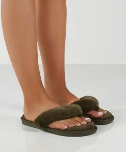 Public Desire UK Cuddle Khaki Green Thong Strap Faux Fur Slippers
