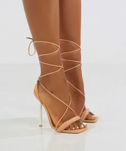Public Desire UK Paradiso Nude PU Lace Up Stiletto Heels
