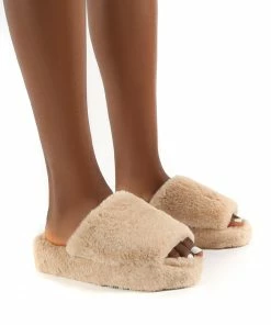 Public Desire UK Snoozie Nude Faux Fur Chunky Platform Sole Sliders Gifts